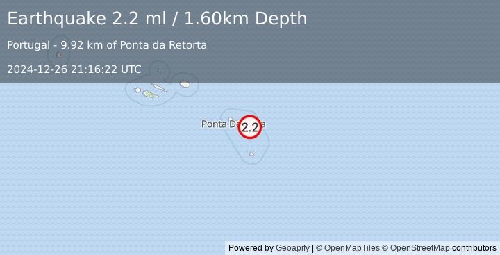 Earthquake AZORES ISLANDS, PORTUGAL (2.2 ml) (2024-12-26 21:16:22 UTC)