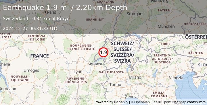 Earthquake SWITZERLAND (1.9 ml) (2024-12-27 00:31:33 UTC)