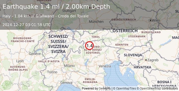 Earthquake NORTHERN ITALY (1.4 ml) (2024-12-27 03:01:58 UTC)