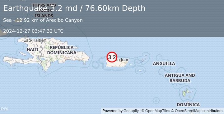 Earthquake PUERTO RICO REGION (3.2 md) (2024-12-27 03:47:32 UTC)