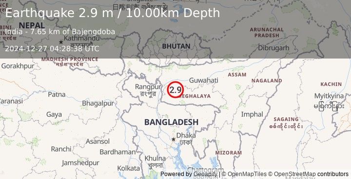 Earthquake MEGHALAYA, INDIA REGION (2.9 m) (2024-12-27 04:28:38 UTC)