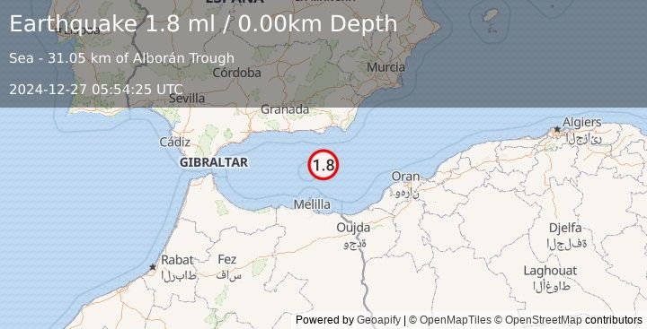 Earthquake STRAIT OF GIBRALTAR (1.8 ml) (2024-12-27 05:54:25 UTC)