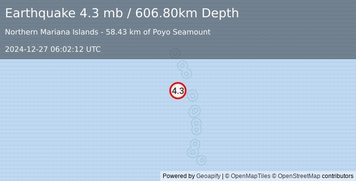 Earthquake PAGAN REG., N. MARIANA ISLANDS (4.3 mb) (2024-12-27 06:02:12 UTC)