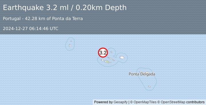 Earthquake AZORES ISLANDS, PORTUGAL (3.2 ml) (2024-12-27 06:14:46 UTC)