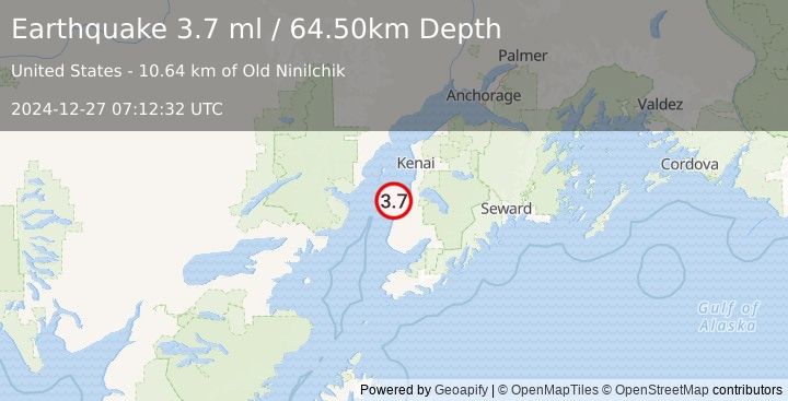 Earthquake KENAI PENINSULA, ALASKA (3.7 ml) (2024-12-27 07:12:32 UTC)