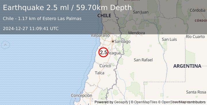 Earthquake LIBERTADOR O'HIGGINS, CHILE (2.5 ml) (2024-12-27 11:09:41 UTC)