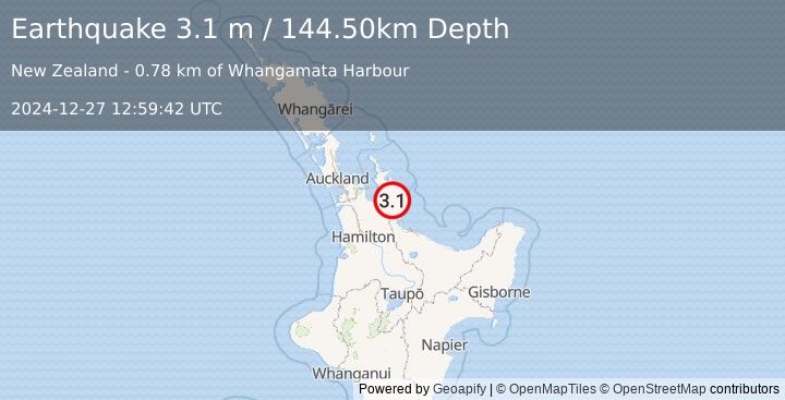 Earthquake NORTH ISLAND OF NEW ZEALAND (3.1 m) (2024-12-27 12:59:42 UTC)