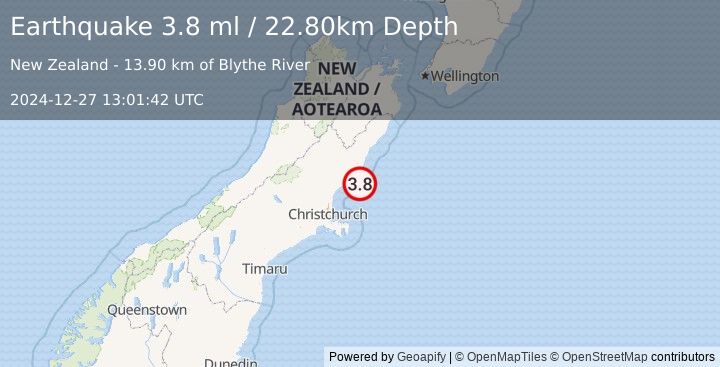 Earthquake OFF E. COAST OF S. ISLAND, N.Z. (3.8 ml) (2024-12-27 13:01:42 UTC)