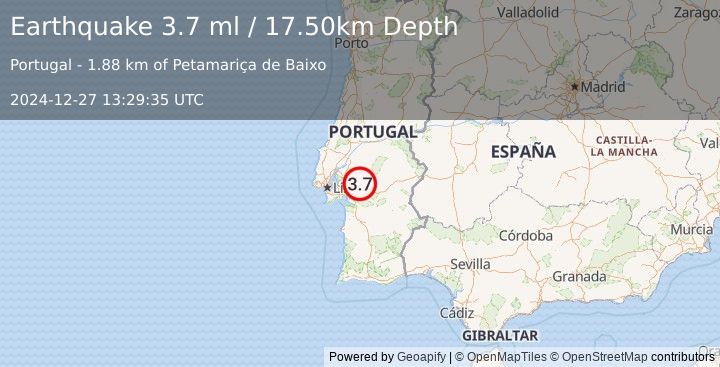 Earthquake PORTUGAL (3.7 ml) (2024-12-27 13:29:35 UTC)