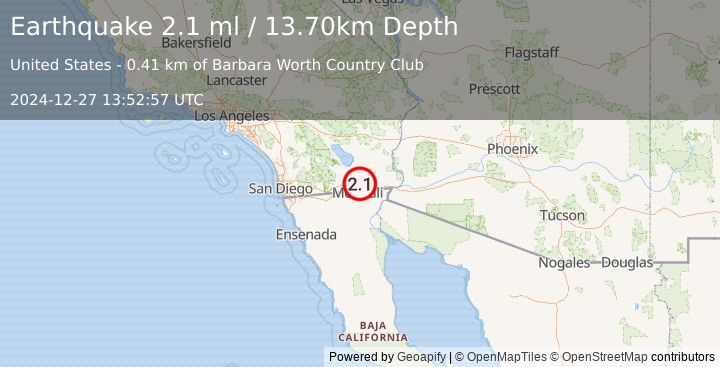 Earthquake SOUTHERN CALIFORNIA (2.1 ml) (2024-12-27 13:52:57 UTC)