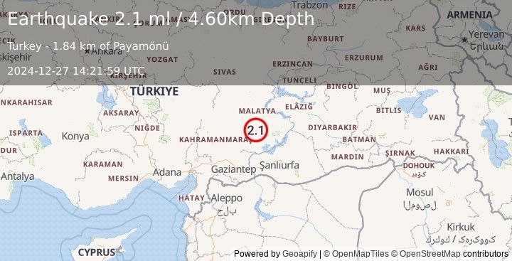 Earthquake EASTERN TURKEY (2.1 ml) (2024-12-27 14:21:59 UTC)