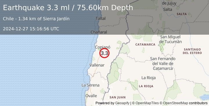 Earthquake ATACAMA, CHILE (3.5 ml) (2024-12-27 15:16:55 UTC)