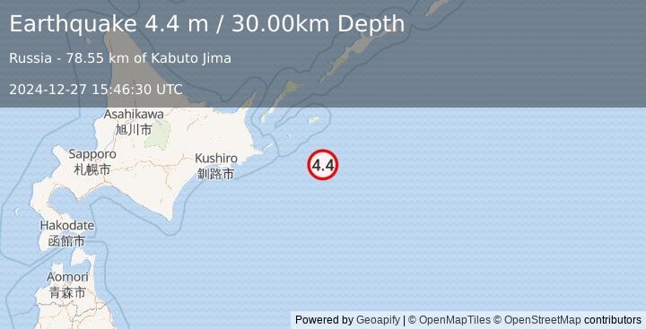 Earthquake KURIL ISLANDS (4.4 m) (2024-12-27 15:46:30 UTC)