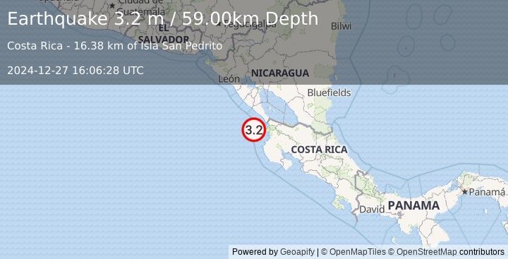 Earthquake OFF COAST OF COSTA RICA (3.6 m) (2024-12-27 16:06:16 UTC)