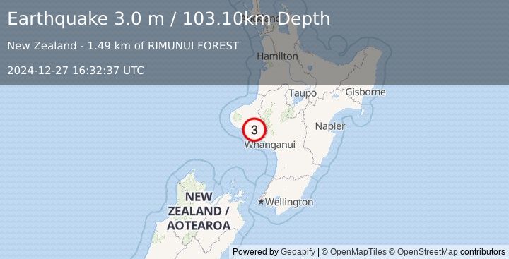 Earthquake NORTH ISLAND OF NEW ZEALAND (3.0 m) (2024-12-27 16:32:37 UTC)