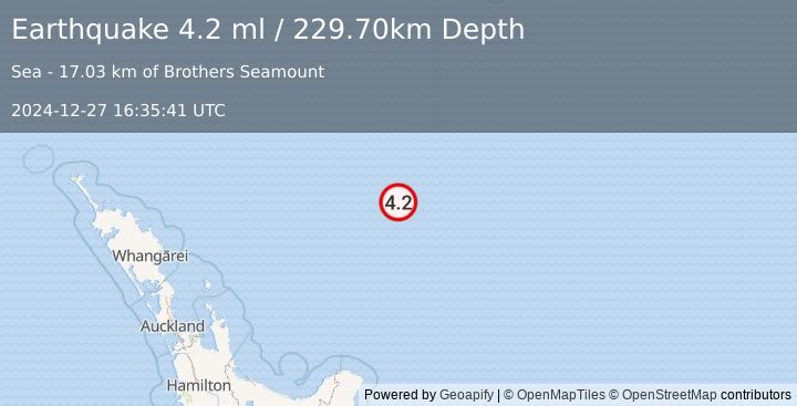 Earthquake SOUTH OF KERMADEC ISLANDS (4.2 ml) (2024-12-27 16:35:41 UTC)