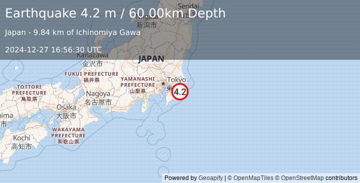 Earthquake NEAR EAST COAST OF HONSHU, JAPAN (4.2 m) (2024-12-27 16:55:53 UTC)