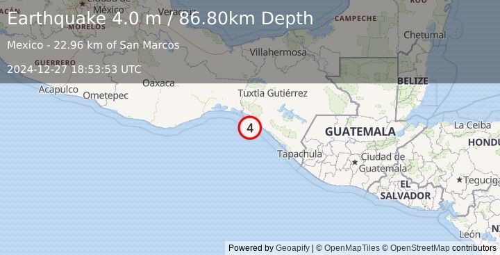 Earthquake OFFSHORE CHIAPAS, MEXICO (4.0 m) (2024-12-27 18:53:53 UTC)