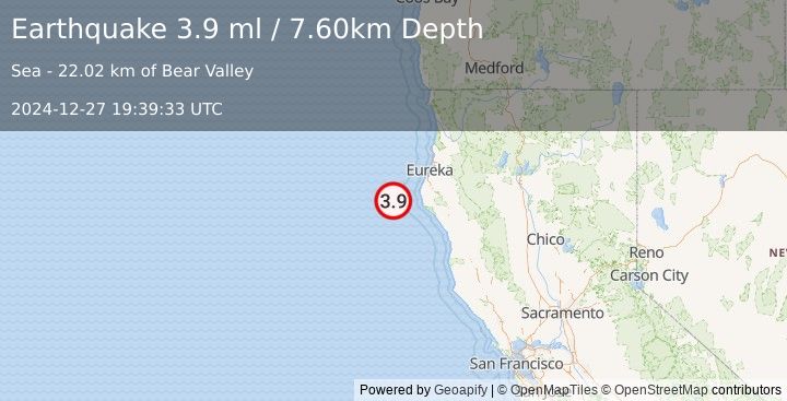 Earthquake OFFSHORE NORTHERN CALIFORNIA (3.7 ml) (2024-12-27 19:39:27 UTC)