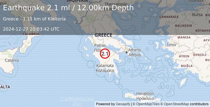 Earthquake SOUTHERN GREECE (2.1 ml) (2024-12-27 20:03:42 UTC)