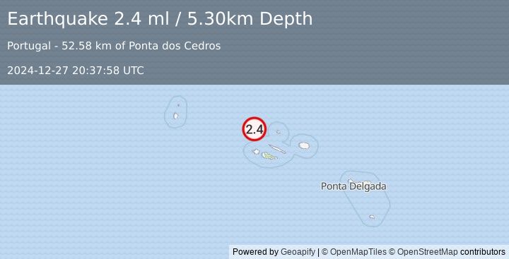 Earthquake AZORES ISLANDS, PORTUGAL (2.4 ml) (2024-12-27 20:37:58 UTC)