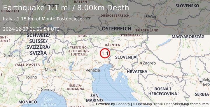 Earthquake NORTHERN ITALY (1.1 ml) (2024-12-27 21:21:54 UTC)