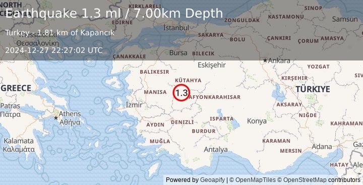 Earthquake WESTERN TURKEY (1.3 ml) (2024-12-27 22:27:02 UTC)