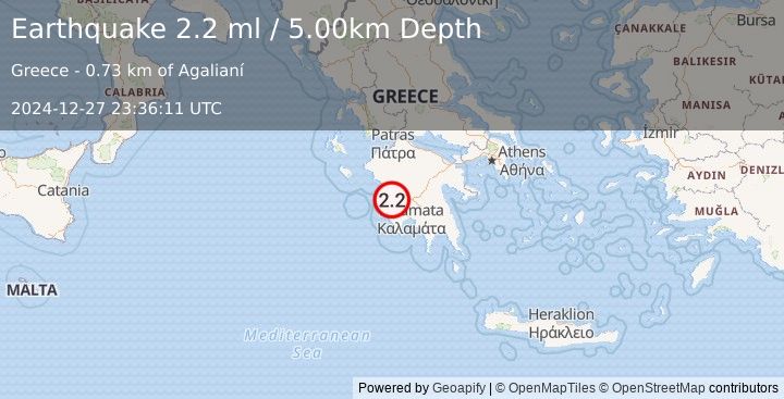 Earthquake SOUTHERN GREECE (2.2 ml) (2024-12-27 23:36:11 UTC)