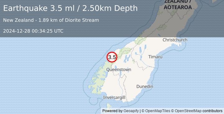 Earthquake SOUTH ISLAND OF NEW ZEALAND (3.5 ml) (2024-12-28 00:34:25 UTC)