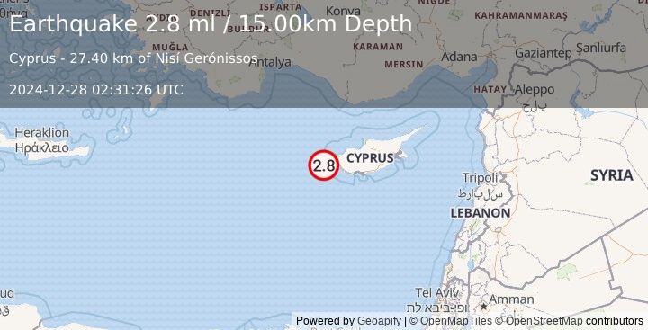 Earthquake CYPRUS REGION (2.8 ml) (2024-12-28 02:31:26 UTC)