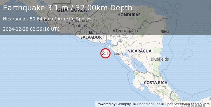 Earthquake NEAR COAST OF NICARAGUA (3.1 m) (2024-12-28 02:39:16 UTC)