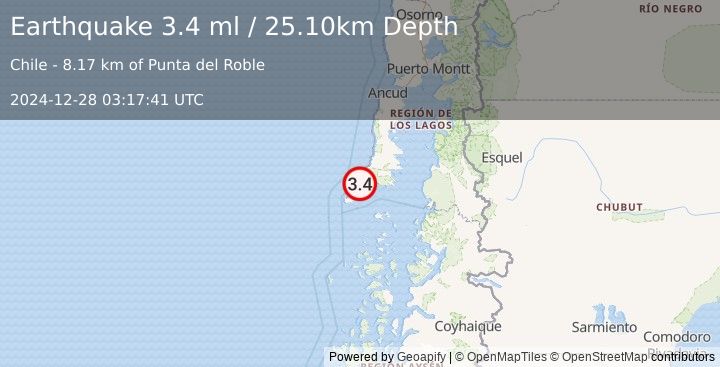 Earthquake OFFSHORE LOS LAGOS, CHILE (3.4 ml) (2024-12-28 03:17:41 UTC)