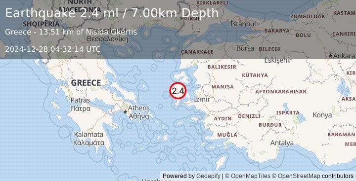 Earthquake NEAR THE COAST OF WESTERN TURKEY (2.4 ml) (2024-12-28 04:32:14 UTC)