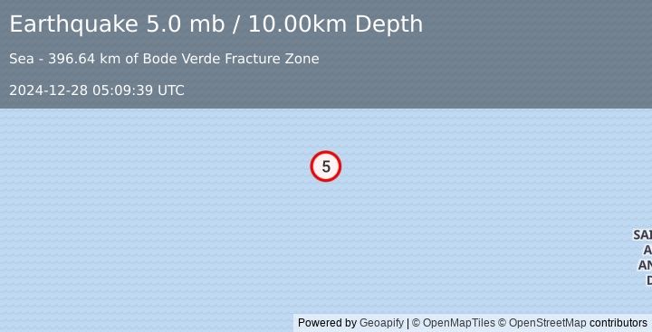 Earthquake SOUTHERN MID-ATLANTIC RIDGE (5.0 mb) (2024-12-28 05:09:39 UTC)