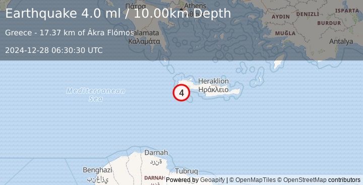 Earthquake CRETE, GREECE (4.0 ml) (2024-12-28 06:30:25 UTC)