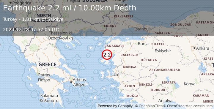 Earthquake NEAR THE COAST OF WESTERN TURKEY (2.3 ml) (2024-12-28 07:57:04 UTC)