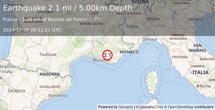 Earthquake NEAR SOUTH COAST OF FRANCE (2.1 ml) (2024-12-28 09:11:31 UTC)