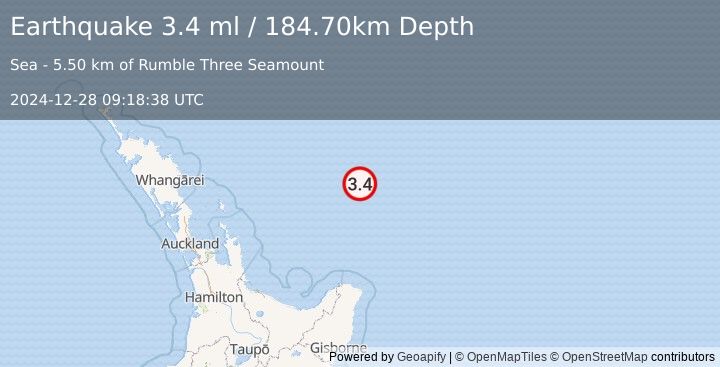 Earthquake OFF E. COAST OF N. ISLAND, N.Z. (3.4 ml) (2024-12-28 09:18:38 UTC)