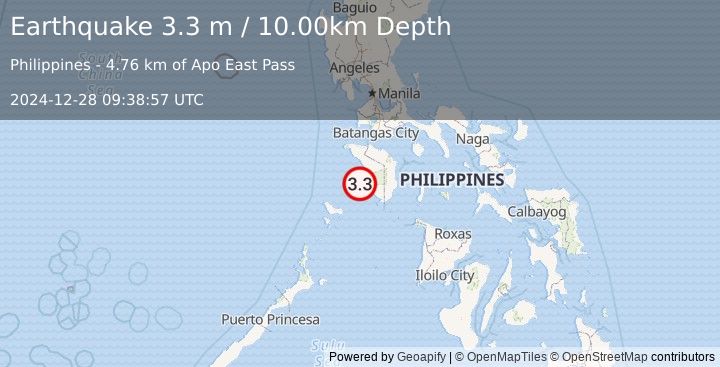 Earthquake MINDORO, PHILIPPINES (3.3 m) (2024-12-28 09:38:57 UTC)