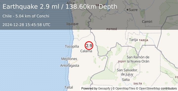 Earthquake ANTOFAGASTA, CHILE (2.9 ml) (2024-12-28 15:45:58 UTC)