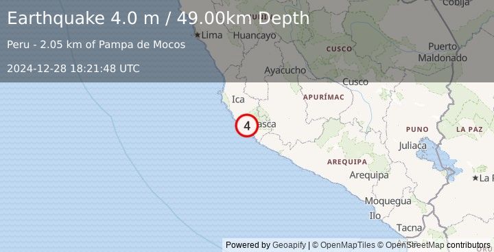 Earthquake NEAR COAST OF CENTRAL PERU (4.0 m) (2024-12-28 18:21:48 UTC)