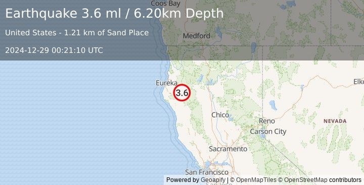 Earthquake NORTHERN CALIFORNIA (3.6 ml) (2024-12-29 00:21:10 UTC)