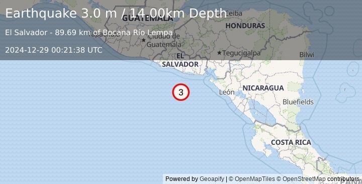 Earthquake OFFSHORE EL SALVADOR (3.0 m) (2024-12-29 00:21:38 UTC)