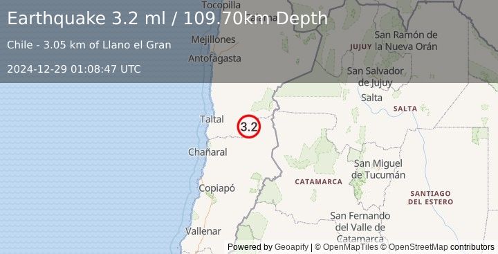 Earthquake ATACAMA, CHILE (3.2 ml) (2024-12-29 01:08:47 UTC)