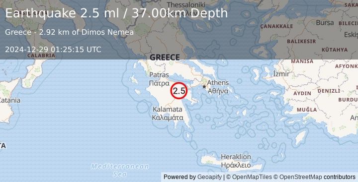 Earthquake SOUTHERN GREECE (2.5 ml) (2024-12-29 01:25:15 UTC)