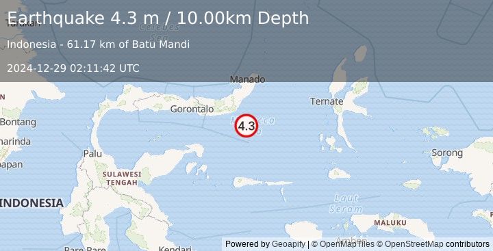 Earthquake MINAHASA, SULAWESI, INDONESIA (4.3 m) (2024-12-29 02:11:42 UTC)