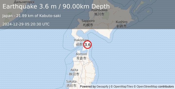 Earthquake HOKKAIDO, JAPAN REGION (3.6 m) (2024-12-29 05:20:30 UTC)