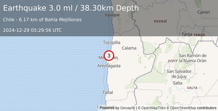 Earthquake OFFSHORE ANTOFAGASTA, CHILE (3.0 ml) (2024-12-29 05:29:56 UTC)