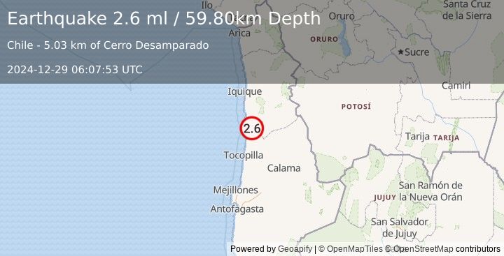 Earthquake TARAPACA, CHILE (2.6 ml) (2024-12-29 06:07:53 UTC)