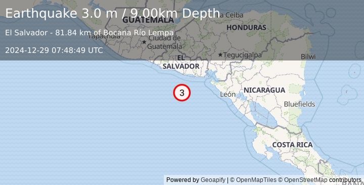 Earthquake OFFSHORE EL SALVADOR (3.0 m) (2024-12-29 07:48:49 UTC)